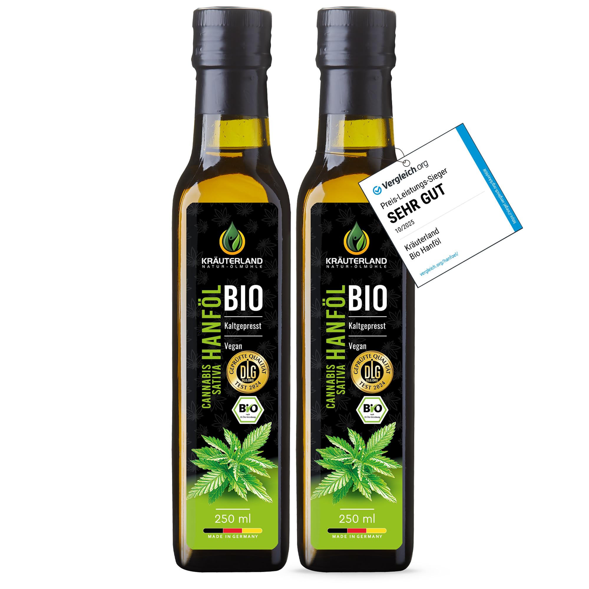 Kräuterland Bio Hanföl 2X250ml (500ml), kaltgepresstes Hanfsamenöl, naturrein ohne Zusatzstoffe, Vegan & GVO-frei, geeignet für Haut & Haare, Premium Qualität