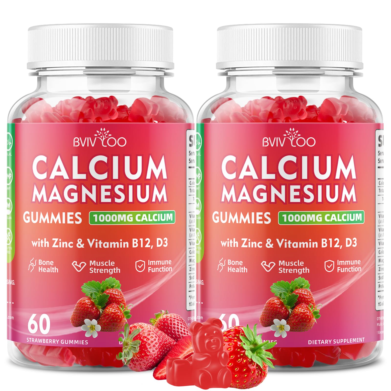 Calcium Gummies 1000mg with Vitamin D3 K2 & B Complex, Potassium, Calcium Magnesium Zinc Gummies for Bone, Muscle, Mood and Immunity - Vegan, Strawberry Flavor 120 Count 2 Pack (120 Count)