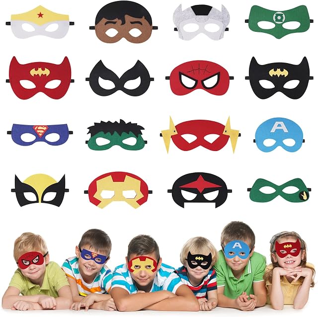 URAQT Superhero Masks, 16 Pcs Super Hero Costumes Toy Party Favors for Kids, Children Masks Dress Up Cosplay Superhero Mask, Boys & Girls Felt Eye Mask for Party Masquerade Birthdays Party Cosplay
