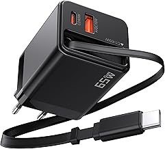 KAIMENGLONG GaN USB-C Charger 65W 3-Port Fast Charger Power Supply with 65 cm Extendable Charging Cable for iPhone 17, 17 Air, 17 Pro Max, 16, 15 Plus, iPad, MacBook, Samsung (Black)