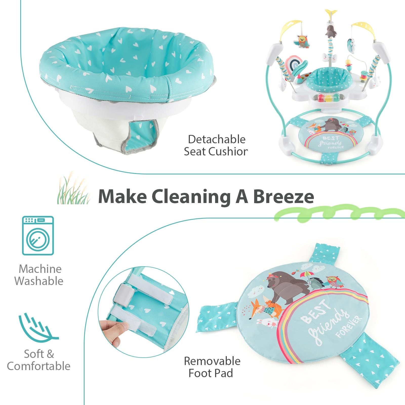 LIFEZEAL Jumperoo Baby wózek do nauki chodzenia z siedziskiem obracającym się o 360°, pomoc w nauce chodzenia z 9 zabawkami, centrum zabaw dżungla ze światłami i melodiami, dla niemowląt i małych
