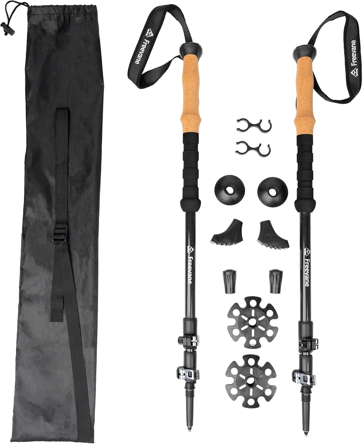 3K Carbon Fiber Trekking Poles (Pair), Telescoping Hiking Poles, Cork Grip, Metal Flip/Lever Lock, Adjustable 24.8–53.1 in, Ultralight 7.4 oz Each, Tungsten Tips, Snow/Mud Baskets & Carry Bag