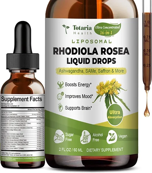 Totaria 16-in-1 Liposomal Rhodiola Rosea Tincture, Ultra Strength Rhodiola Supplement w/Ashwagandha, Saffron, Magnesium, SAM-e, Rhodiola Rosea Extract Liquid Drops for Natural Relaxation, Mood, Energy