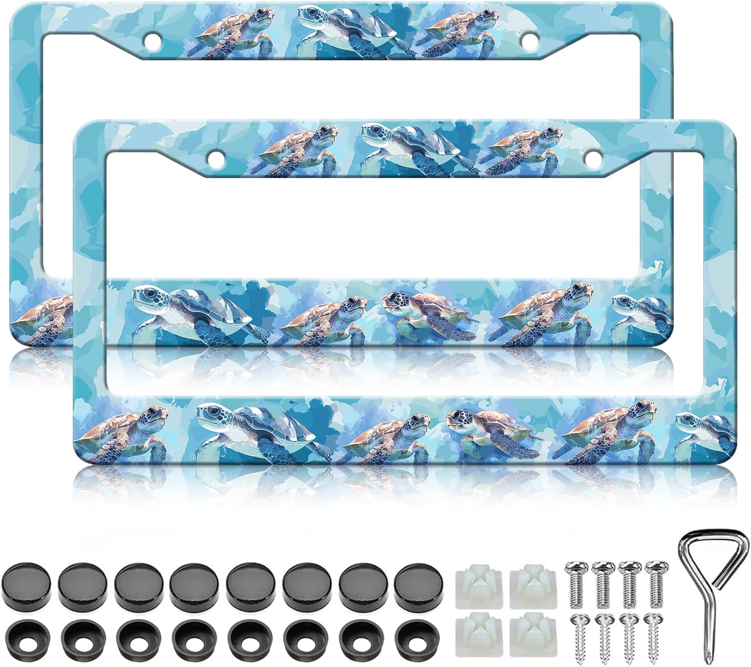 Sea Turtle License Plate Frames - 2 Pack Ocean License Plate Holder,Rust-Proof Waterproof Stainless Steel Car Decorative Tag Frame with Screws Fasteners Caps
