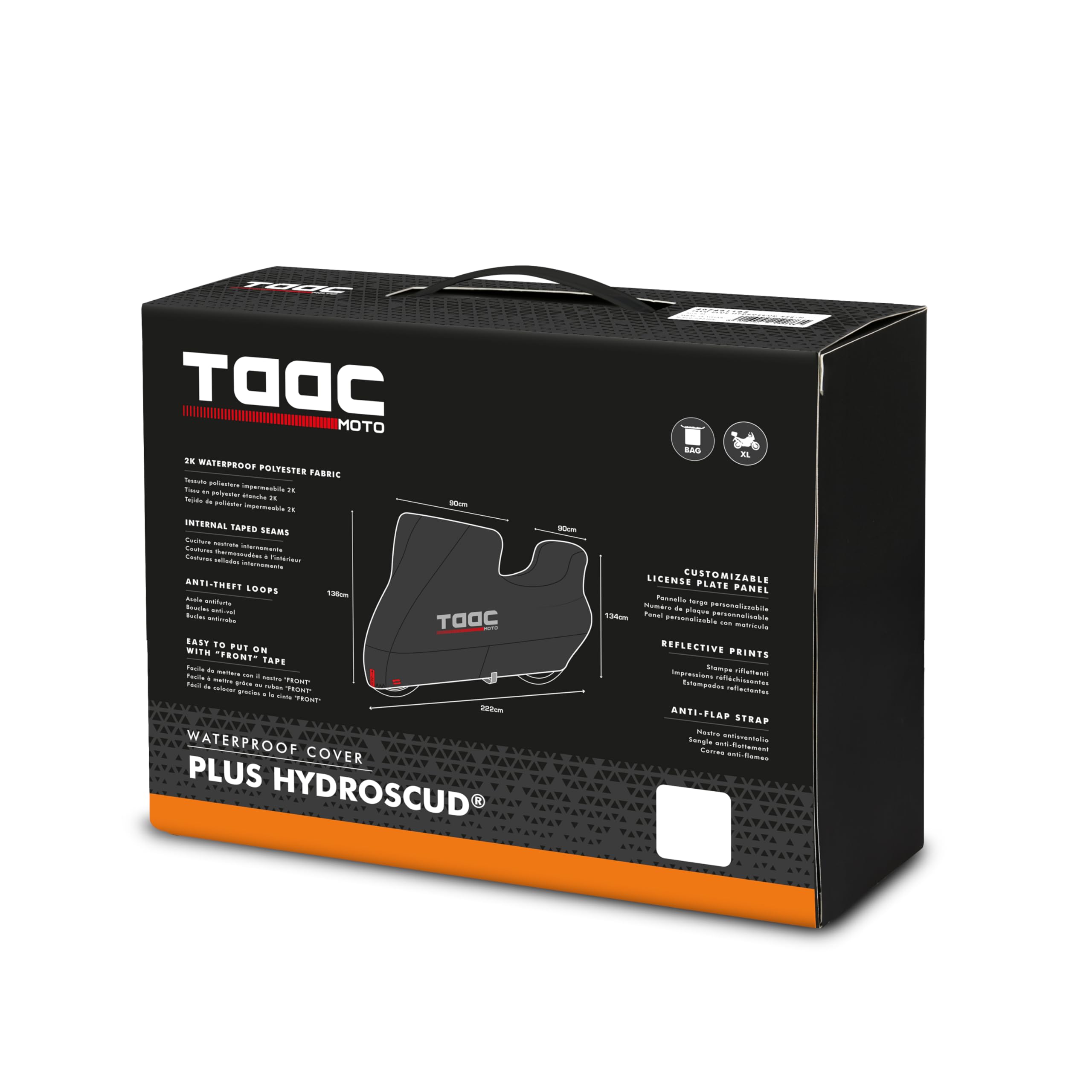 telo coprimoto da intemperie Plus Hydroscud. Telo copri scooter Tg. XL, protezione moto di grandi dimensioni con parabrezza e bauletto. Impermeabile 222 x 90 x 136 cm. Telo impermeabile esterno.