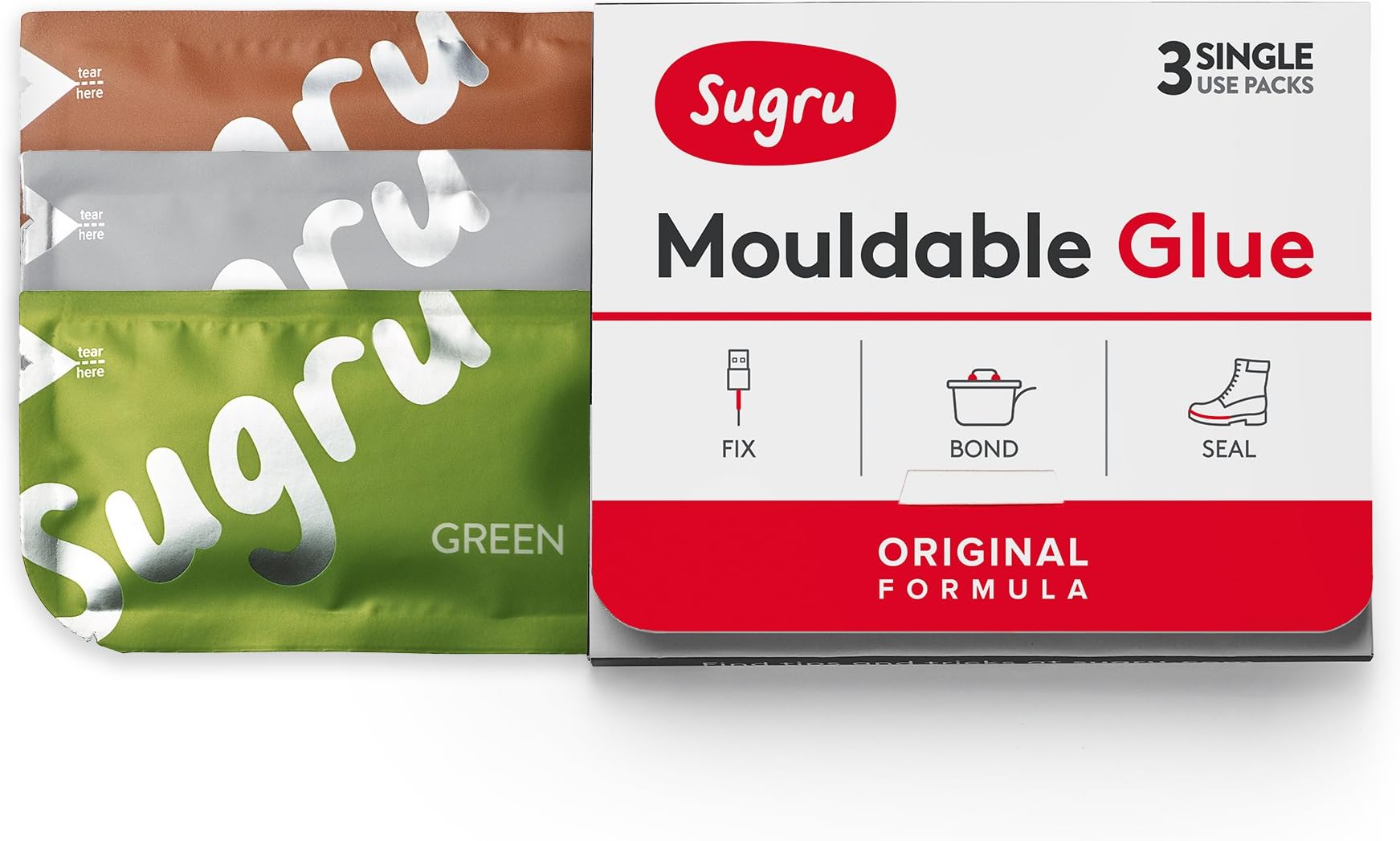 Sugru I000432 Original Formula-Brown, Green & Grey 3-Pack Mouldable Glue, 3 Piece