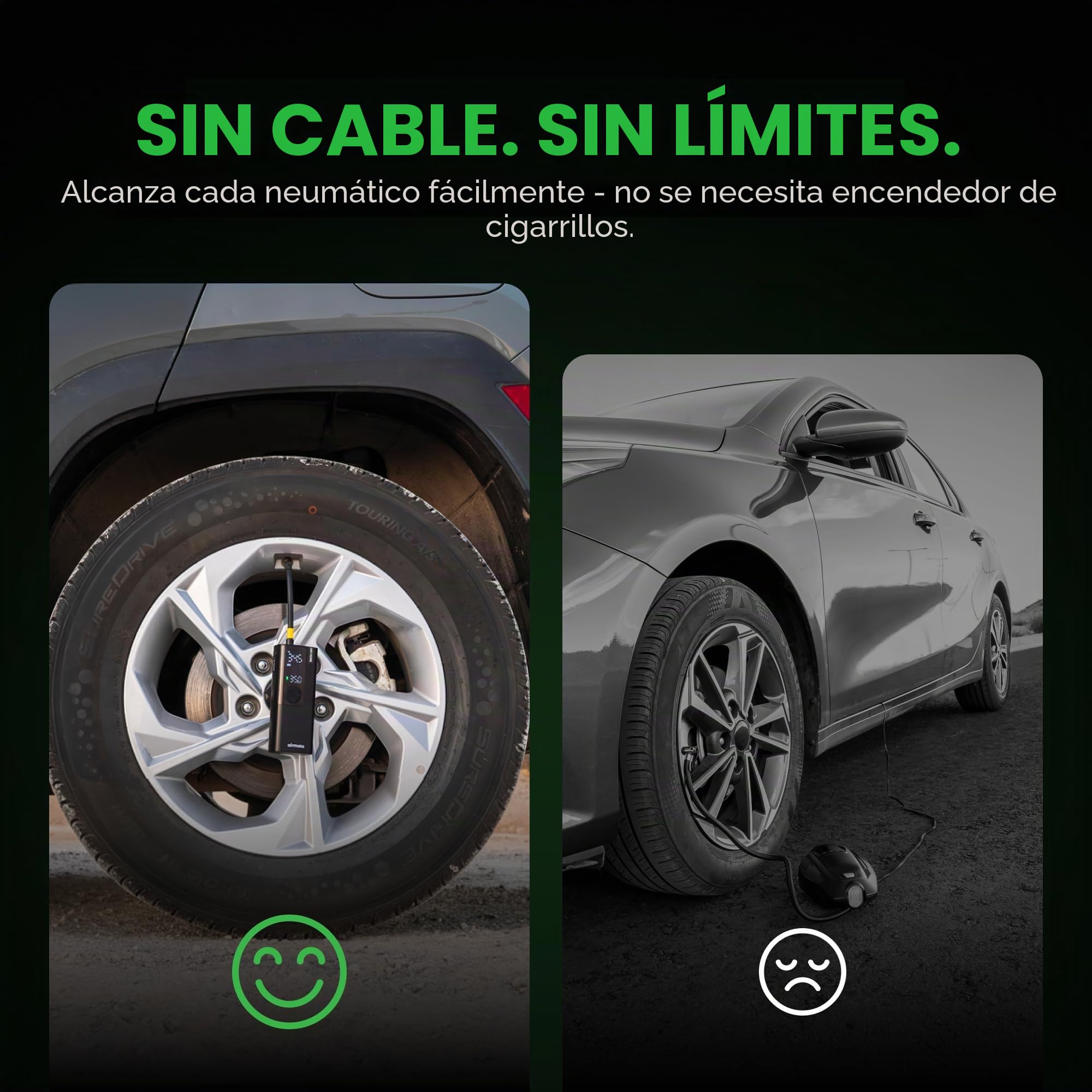 Airmoto La bomba de aire portátil original, 120 PSI compresor de aire inflador de neumáticos – se adapta a neumáticos de coche, camión y motocicleta – Medidor de presión digital, bomba compacta