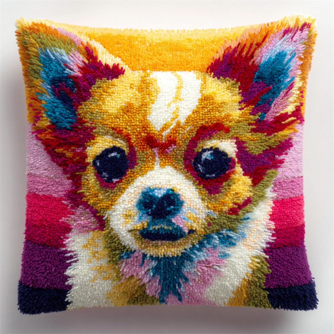 Kitquiver Animal Latch Hook Cushion Craft Kits Colorful Chihuahua DIY Latch Hook Kits Pillow Needlepoint Cushion Kit for Home Décor Needlework Set for Adult Beginners 17x17In