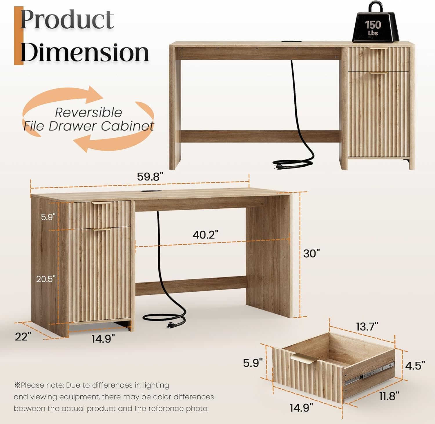 60" Fluted Home Office Desks with Storage, Modern Executive Desk Computer Desk with Drawer & Cabinet, Wood Work Desk for Office, Bedroom, Study, Living Room, Oak