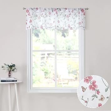 Tollpiz Sheer Floral Curtain Valance Pink Flower Butterfly Printed Bedroom Curtain Valances Rod Pocket Voile Faux Linen Window Valance Curtains for Living Room, 54 x 16 inches Long, Set of 1 Panel