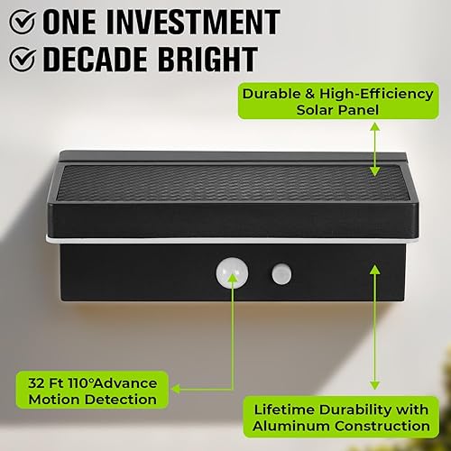 Miniatura 3 de Paquete de 2 luces solares con sensor de movimiento para exteriores, 600 lúmenes, 3 modos, IP44 impermeable de aluminio con tiempo de funcionamiento