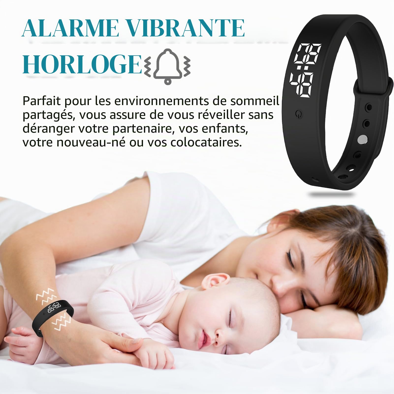 Bracelet avec réveil vibrant silencieux pour partenaire/naissances/enfants, 6 rappels, pilule réveil montre-bracelet 3 mesures température