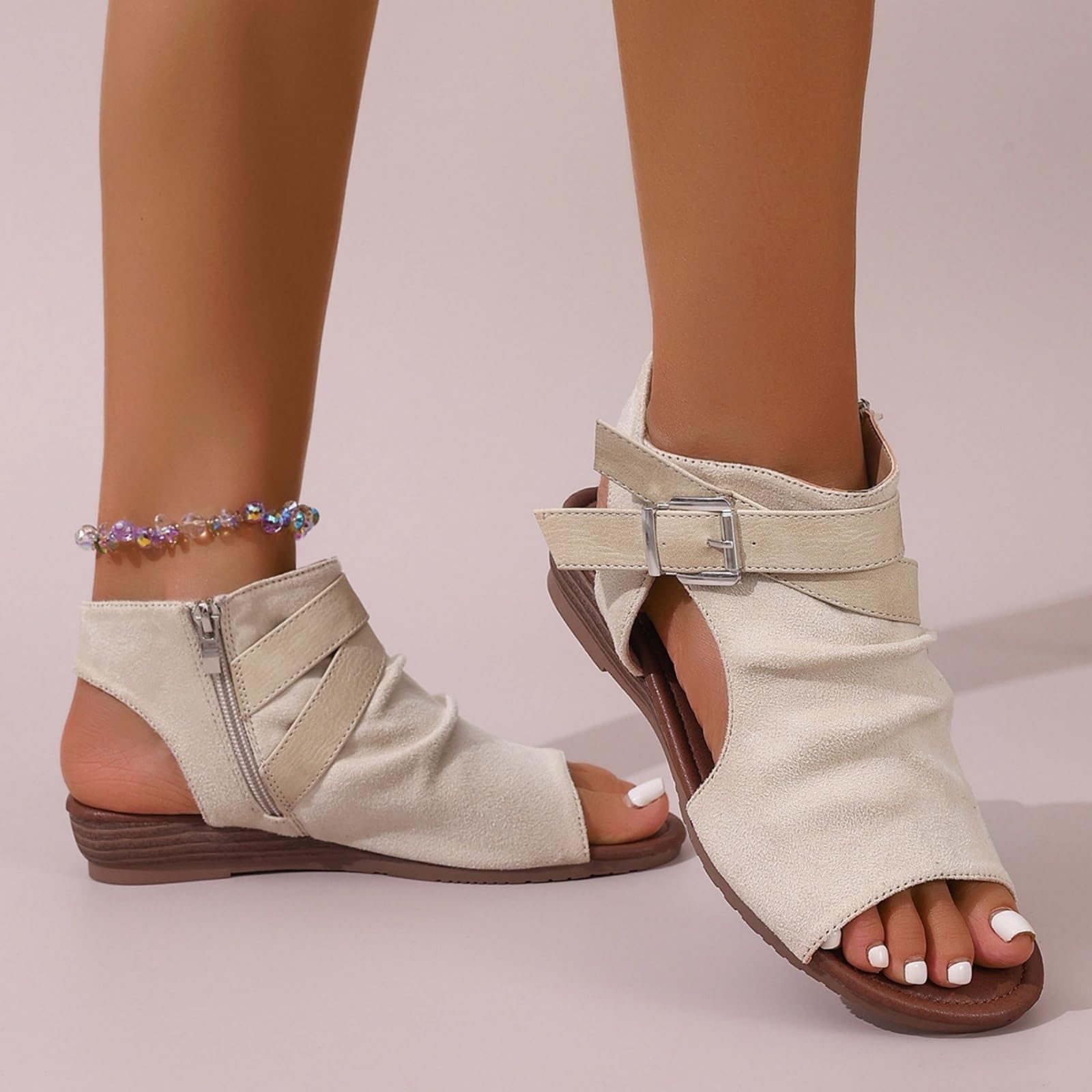 Donna Cuneo Sandali Peep Toe Lato Zipper Caviglia Bootie | Stivali con Fibbia Estiva Scarpe da Camminata in Camminato con Taglio Ruched Sandal Casual Party