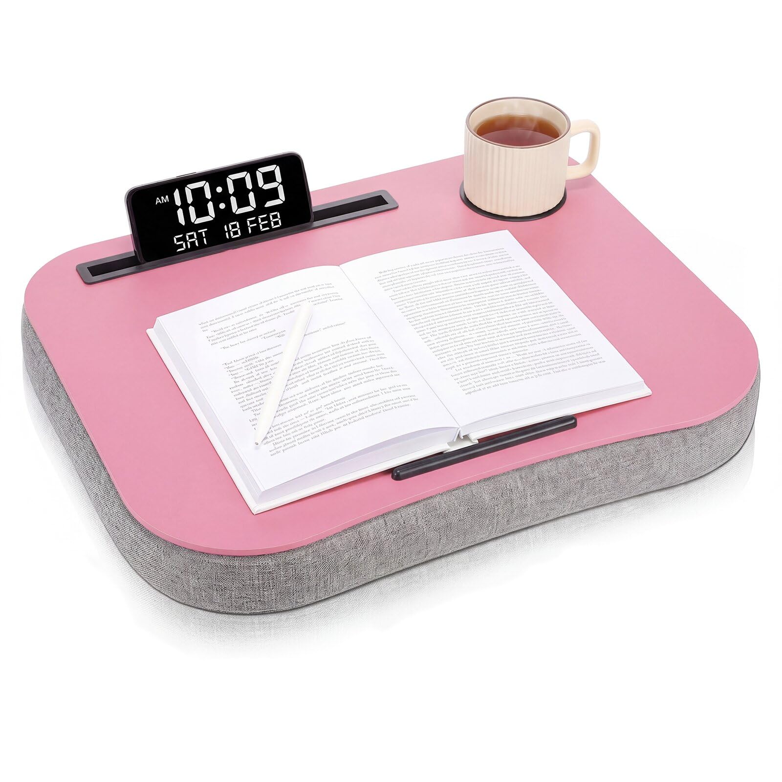 Lewtemi Peach Pink Laptop Lap Desk with Cushion Cup Holder and Stopper Padded and Phone Holder Couch Bed Sofa Fits up to 15.6 Inch Portable Lap Desk for Home Office Study Writing