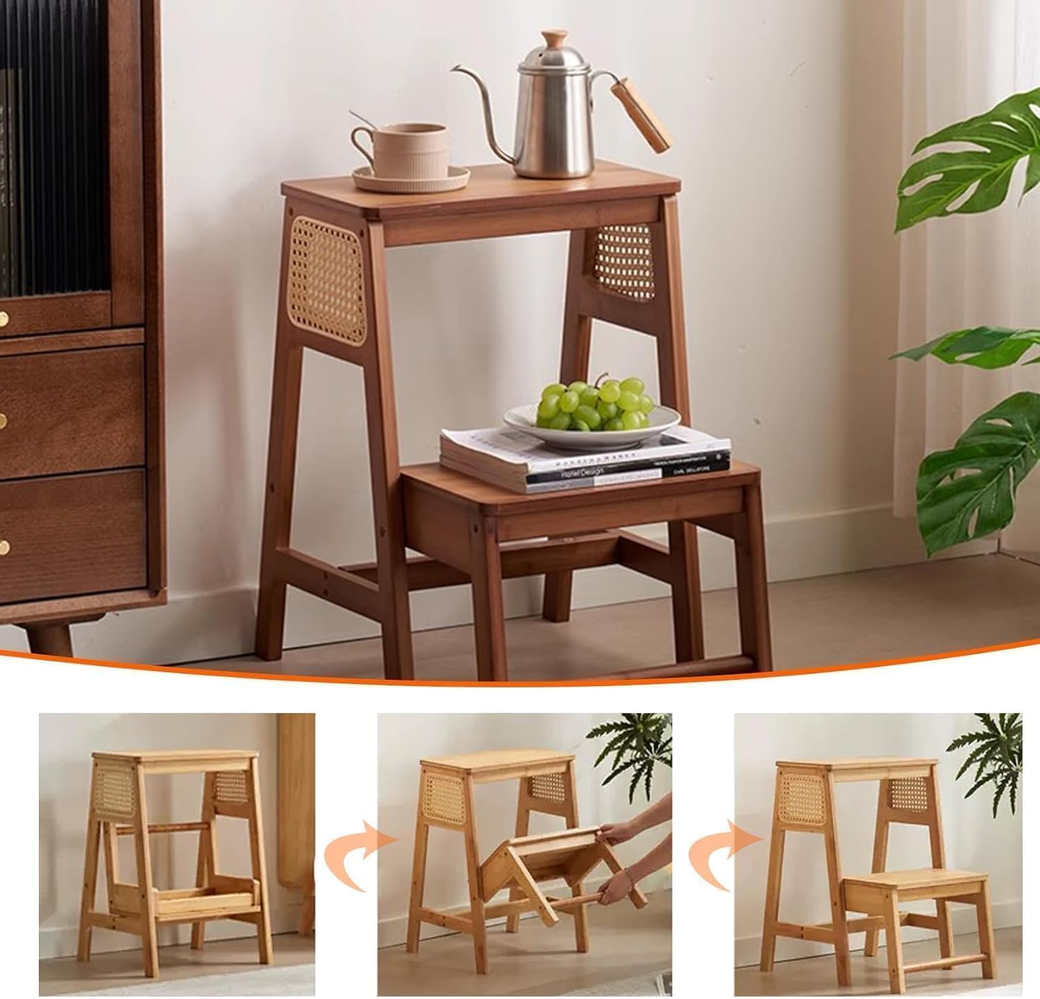 Portable Folding Step Ladder Chair，2-Tier Bamboo Stool for Kitchen & Balcony - Easy to Store Lightweight &，Perfect for Leisure Use(Color:A)