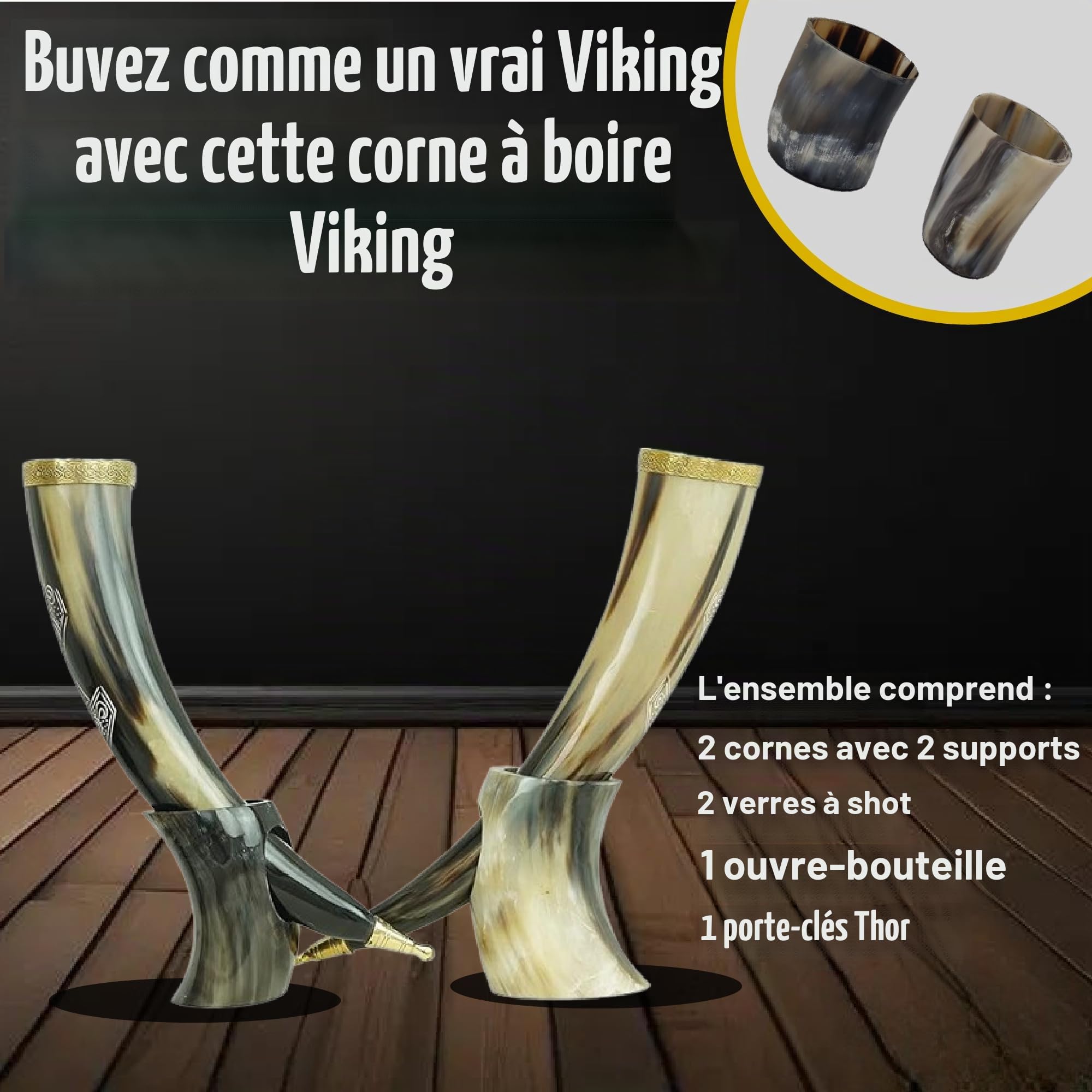 Viking Corne de bœuf | Chope | Tasse | Tasse pour bière, hydromel, vin, verre à liqueur, décapsuleur | 100 % sans fuite | Naturel et fait à la main | Offres combinées (2 cornes)