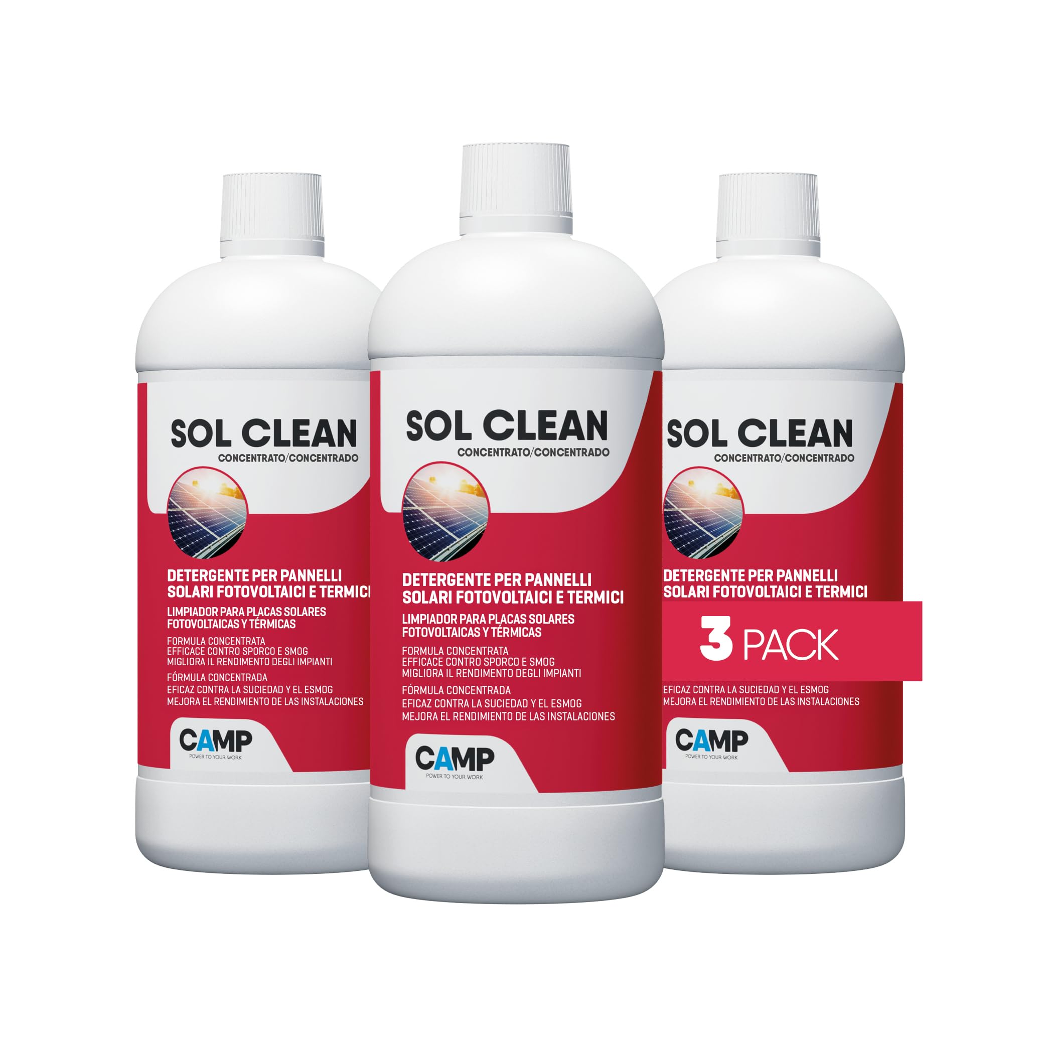 CAMP Sol Clean Concentrato - Detergente per Pannelli Solari, Pulizia Pannelli Fotovoltaici ad Asciugatura Rapida - Rimuove Sporco, Polveri, Smog e Calcare e Migliora il Rendimento Energetico, 3x1L