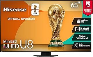 Hisense - Smart TV Google de 65" Clase U8 Mini-LED ULED 4K UHD (65U8QG, modelo 2025) - QLED, 165Hz nativo, VRR 288, hasta LD5600, 5000 nits, HDR10+, Dolby Vision IQ · Atmos, IMAX Enhanced, audio 4.1.2