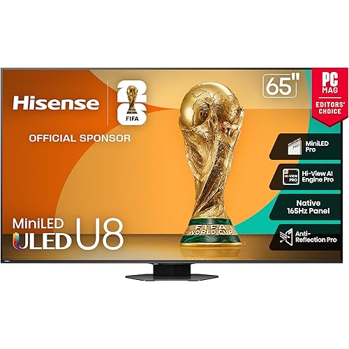 Hisense 65" Class U8 Mini-LED ULED 4K UHD Google Smart TV (65U8QG, 2025 Model) - QLED, Native 165Hz, VRR 288, Up to LD5600, 5000 Nits, HDR10+, Dolby Vision IQ · Atmos, IMAX Enhanced, 4.1.2 Ch Audio