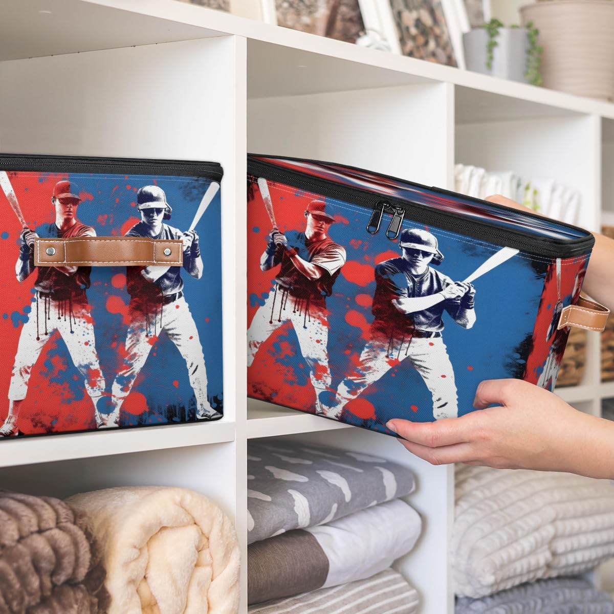 Storage Bin Set of 2 Baseball Player Storage Basket with Zipper Lid & Handle Foldable Closet Shelf 2 Pack Cloth Organizer Basket Cube Bins Clothes Organizer for Nursery, Bedroom