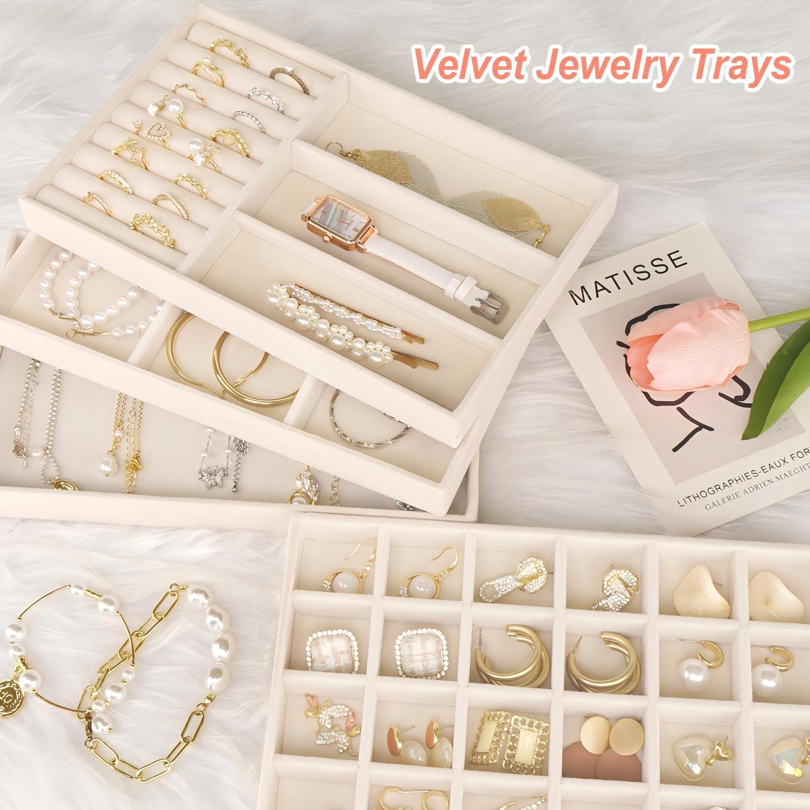 Stackable Jewelry Trays Organizer for Drawer, 4 Set of Jewelry Organizers and Display Case Storage, Velvet Drawer Inserts Organizer for Necklace Bracelets Earrings Organizer-4 Set , Gift For Her,Beige