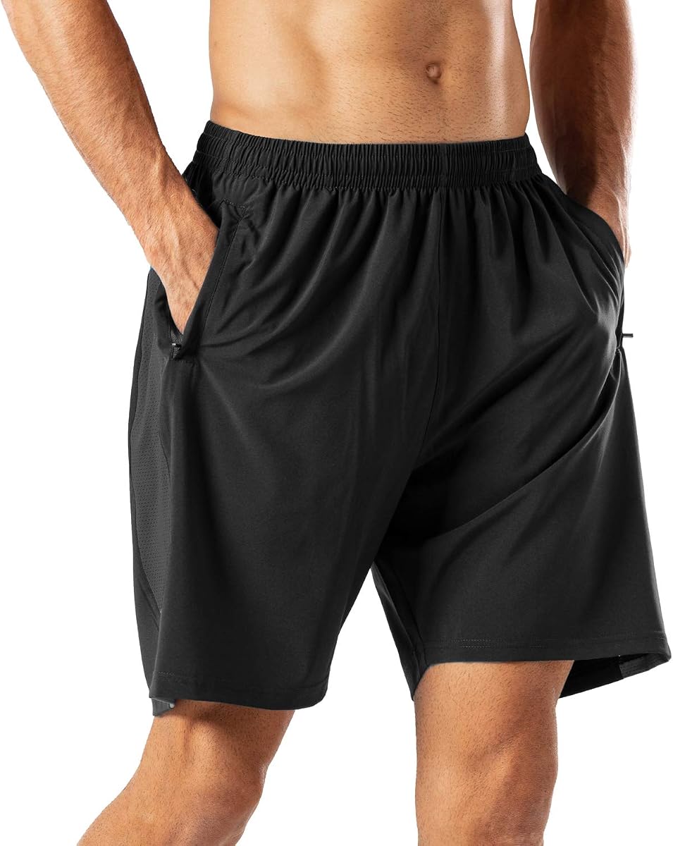 Men's Casual Sports Quick Dry Workout Running or Gym Training Short with Zipper Pockets