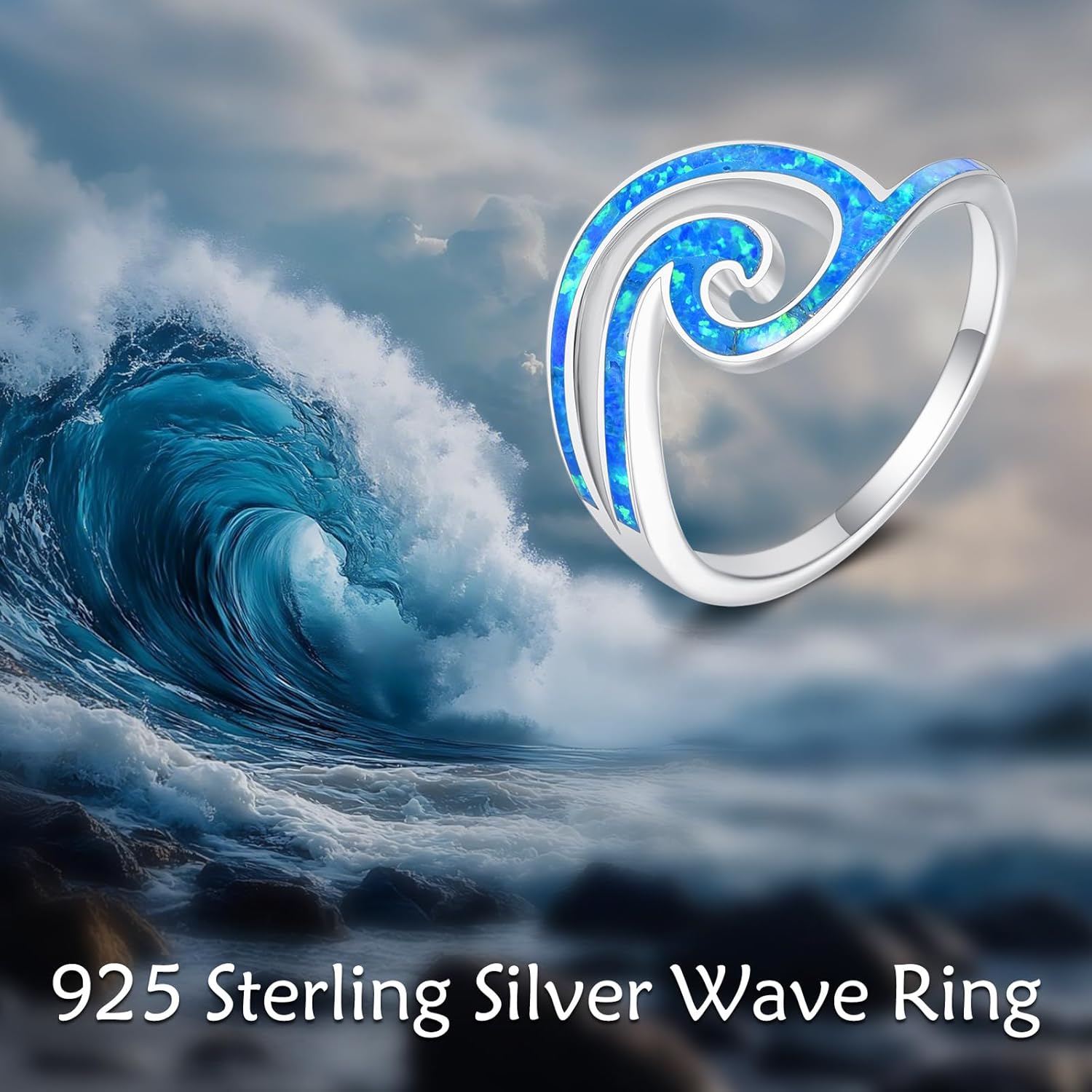 Wave Ring 925 Sterling Silver Created Blue Opal Ocean Beach Wave Ring for Women Size 7,8,9 Unique Design - Image 4