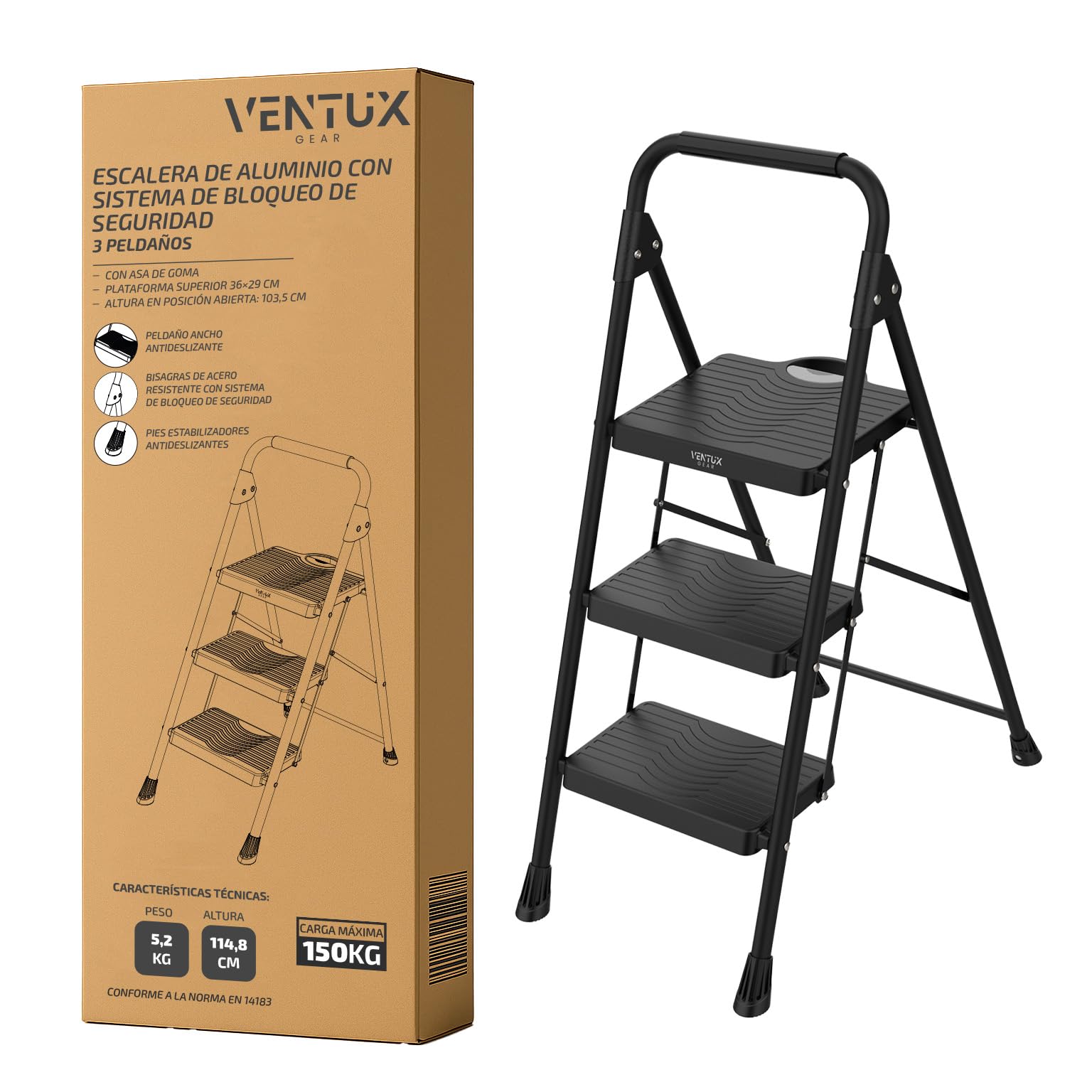 Escalera Plegable 3 peldaños de – Acero Bloqueo Seguridad 150 kg
