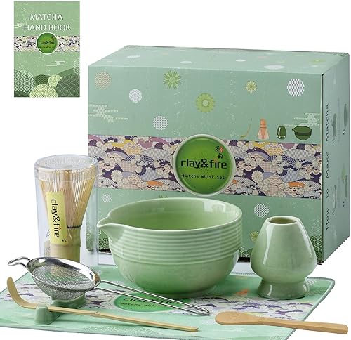 Clay&Fire Juego de batidor de matcha, juego de matcha de cerámica, cuenco de matcha con boquilla y batidor, kit de té Matcha de 9 piezas para los