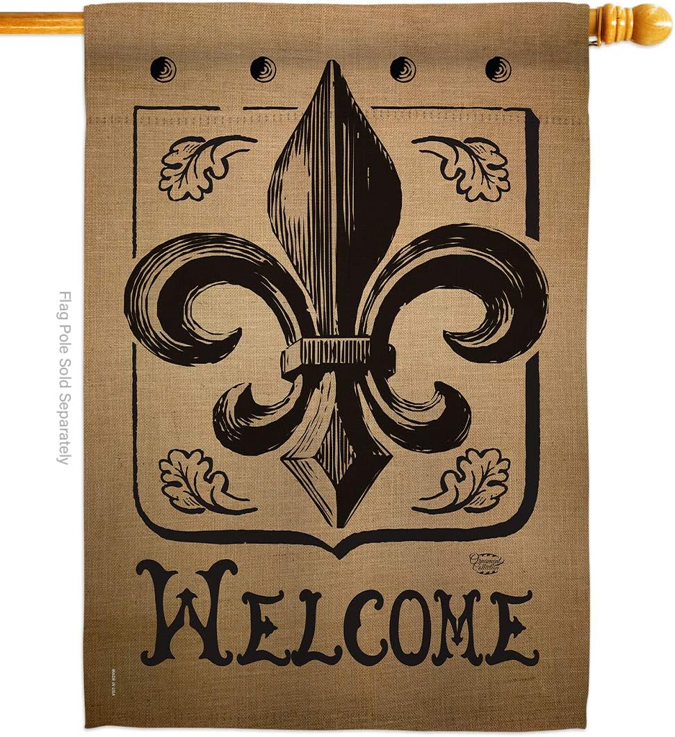 Welcome Fleur De Lys House Flag Country Living Vintage Flower Lily Lis French Party Mardi Small Decorative Gift Yard Banner Made In USA 28 X 40