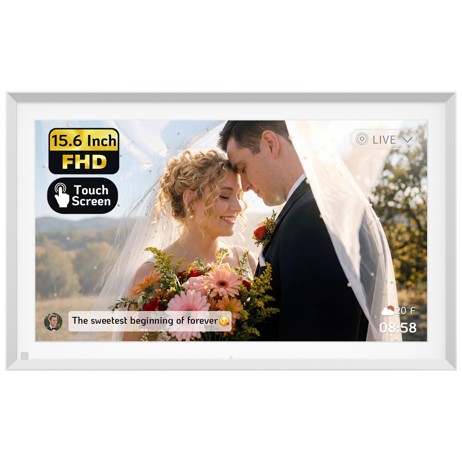 NexFoto 15.6" Touchscreen Digital Picture Frame, 64GB Digital Photo Frame FHD WiFi, Add Pics from Google Photos, Upload Videos via App/USB, Gifts for Wedding/Mom/Grandpartents, Silver