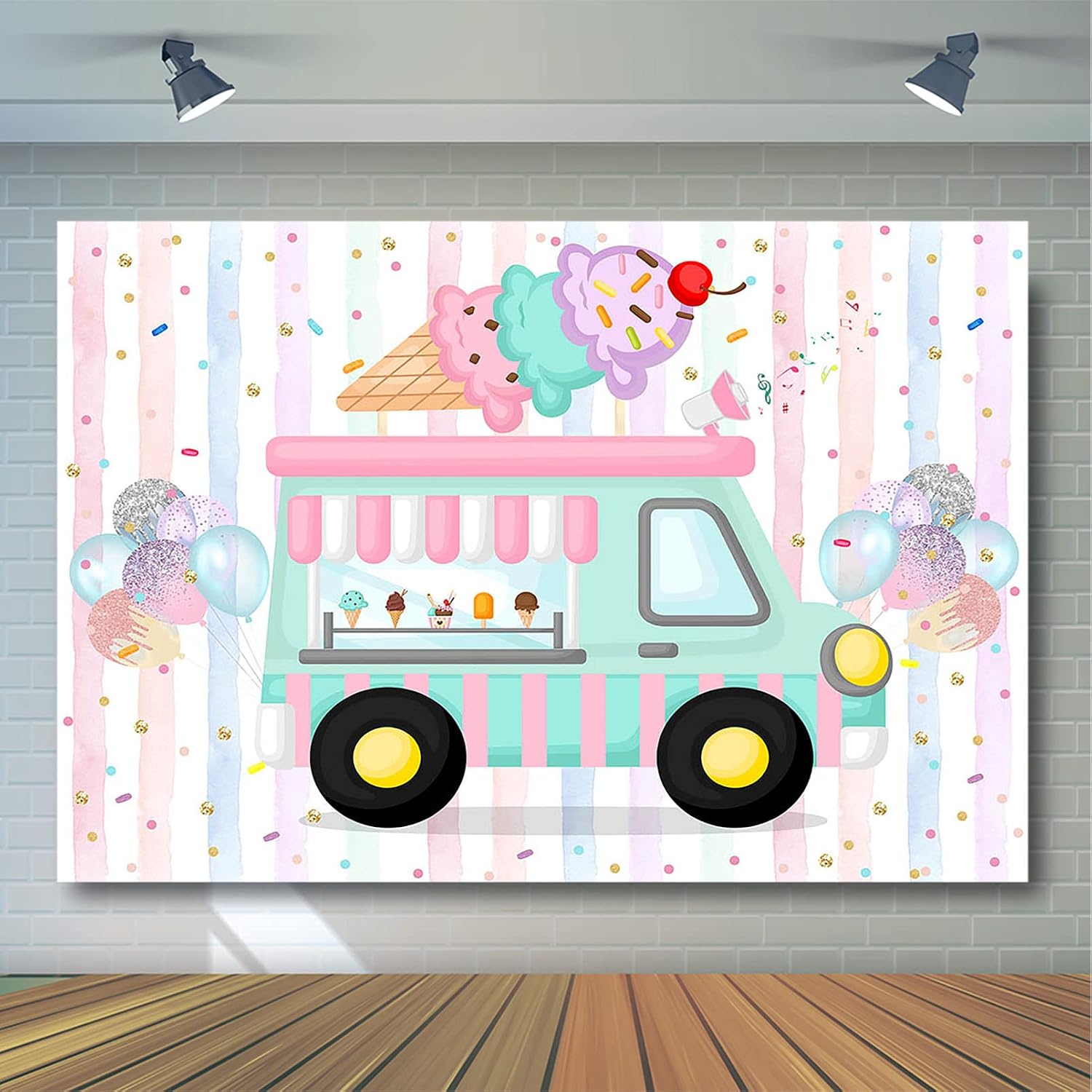 Avezano Ice Cream Truck Birthday Backdrop for Girl's Ice Cream Birthday Party Decorations Sweet Birthday Party Cake Table Supplies Photoshoot Photography Background (8x6ft)