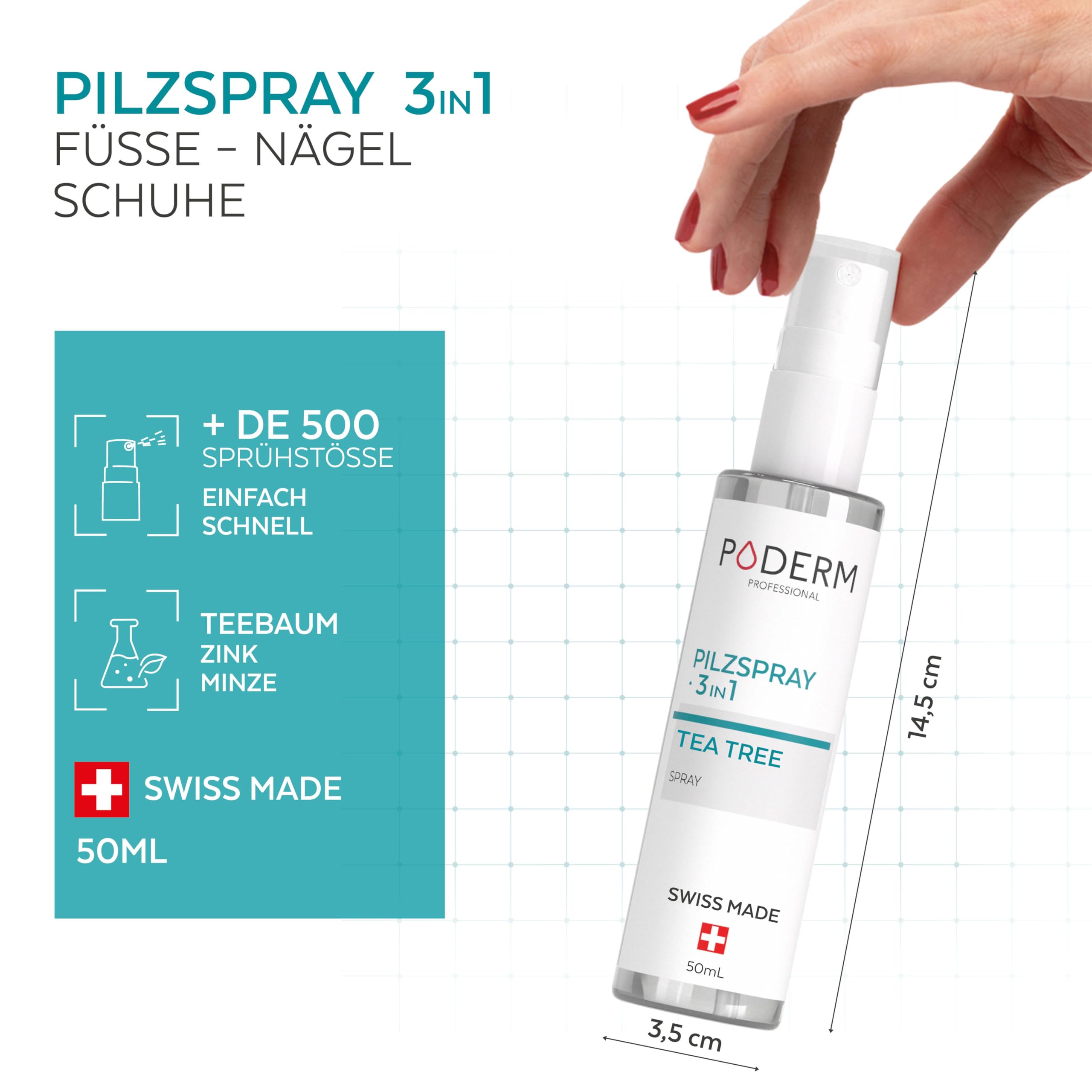 PODERM 3-in-1 Pilzspray für Nägel, Füße & Schuhe | 99,9% der Fußpilzsporen & Bakterien in 1 Stunde zu eliminieren | Teebaum, Zink & Minze | Swiss Made | Entwickelt von einem Podologen