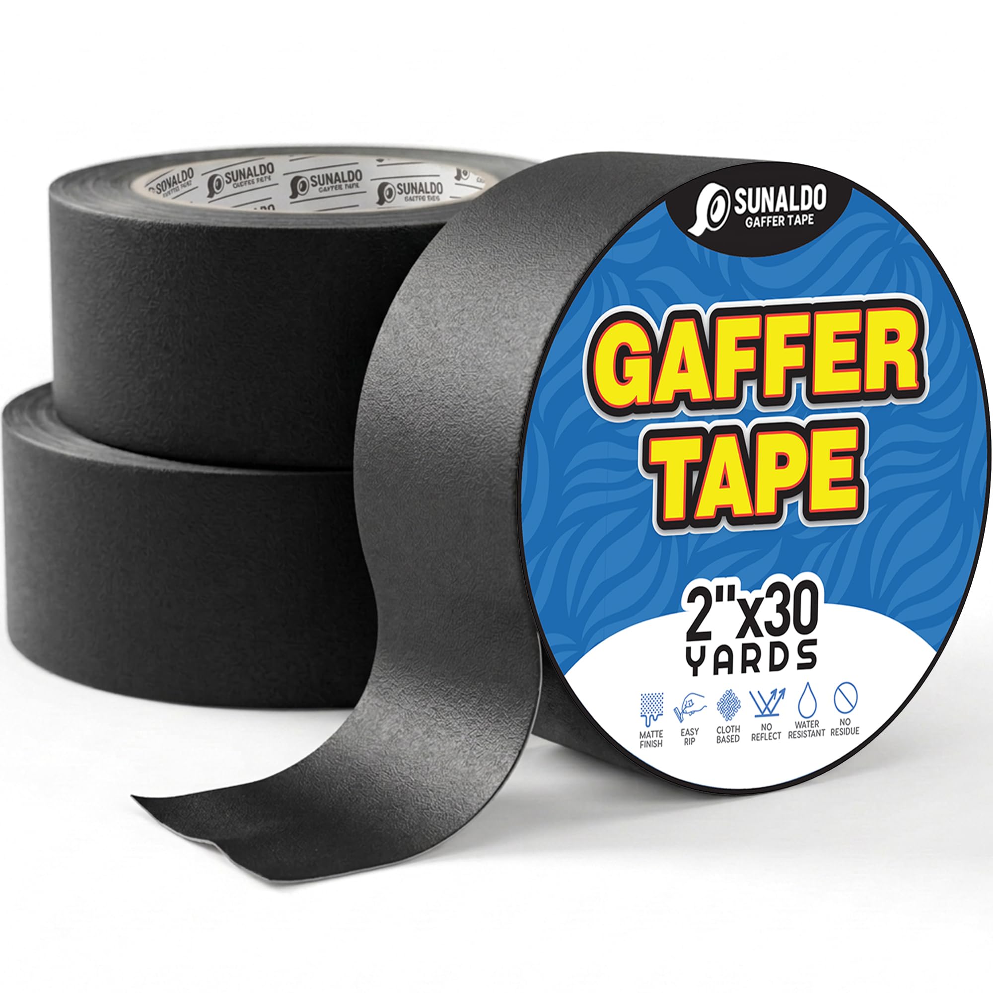 SUNALDO Gaffers Tape (2" x30 Yards) Heavy Duty, No Residue (3 Pack Black) | Easy to Rip Professional Grade Floor Tape for Electrical Cords, Matte