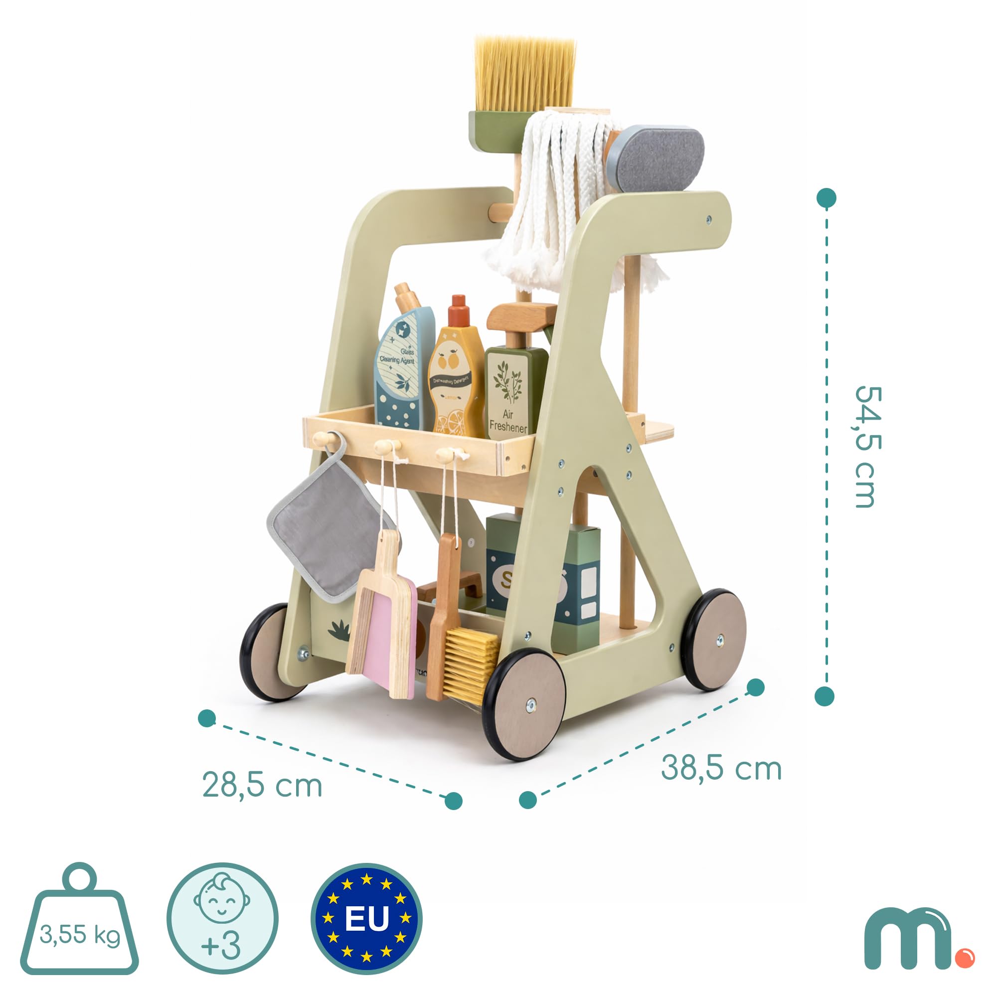 Mamabrum Carrello per la pulizia dei bambini in legno con accessori su ruote set da 11 pezzi giocattolo educativo gioco di ruolo