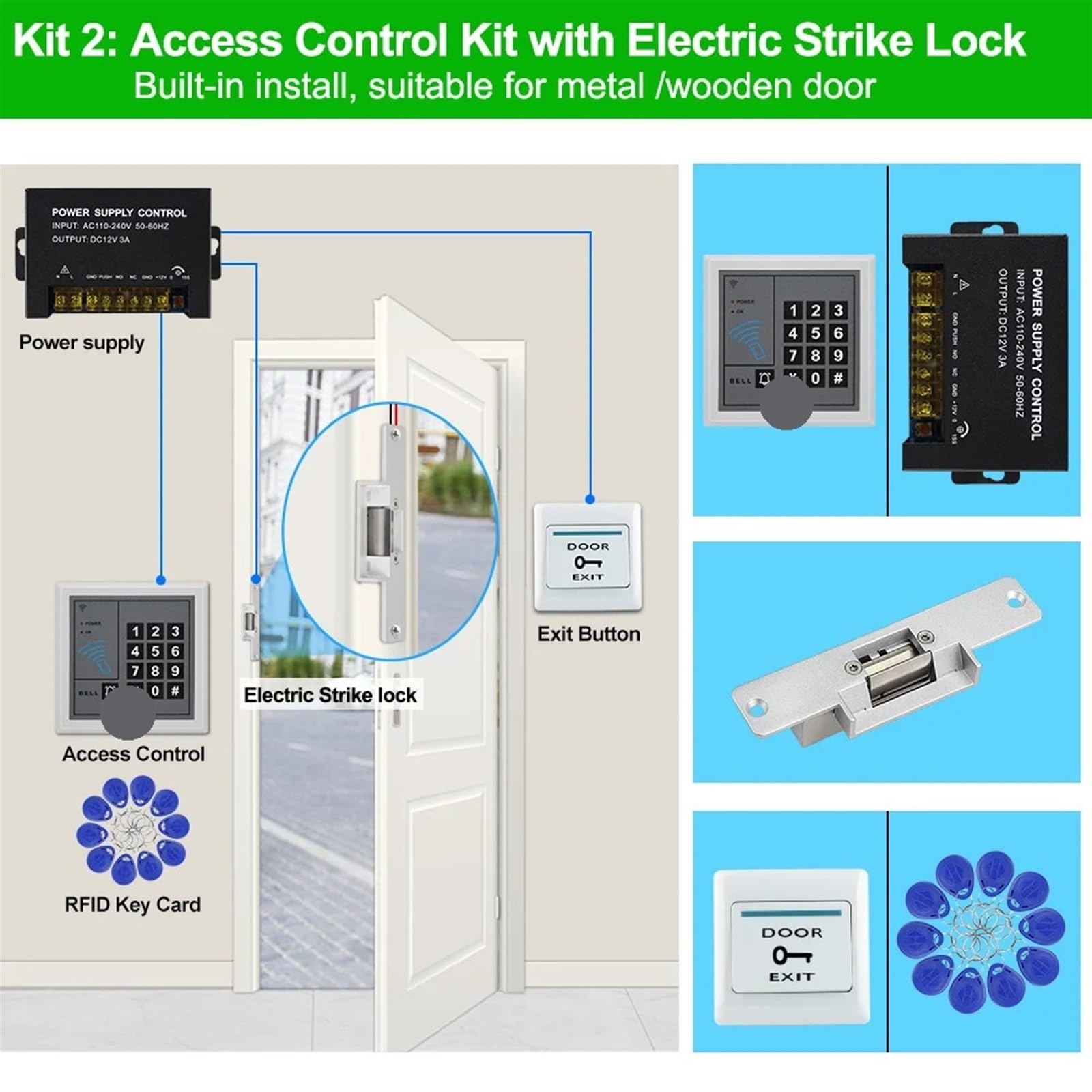 Kit de control acceso puerta, controlador con teclado RFID Wifi Tuya, cerraduras magnéticas eléctricas, desbloqueo por aplicación remota inteligente para Seguridad Eléctrica(Kit2 (Strike Lock))
