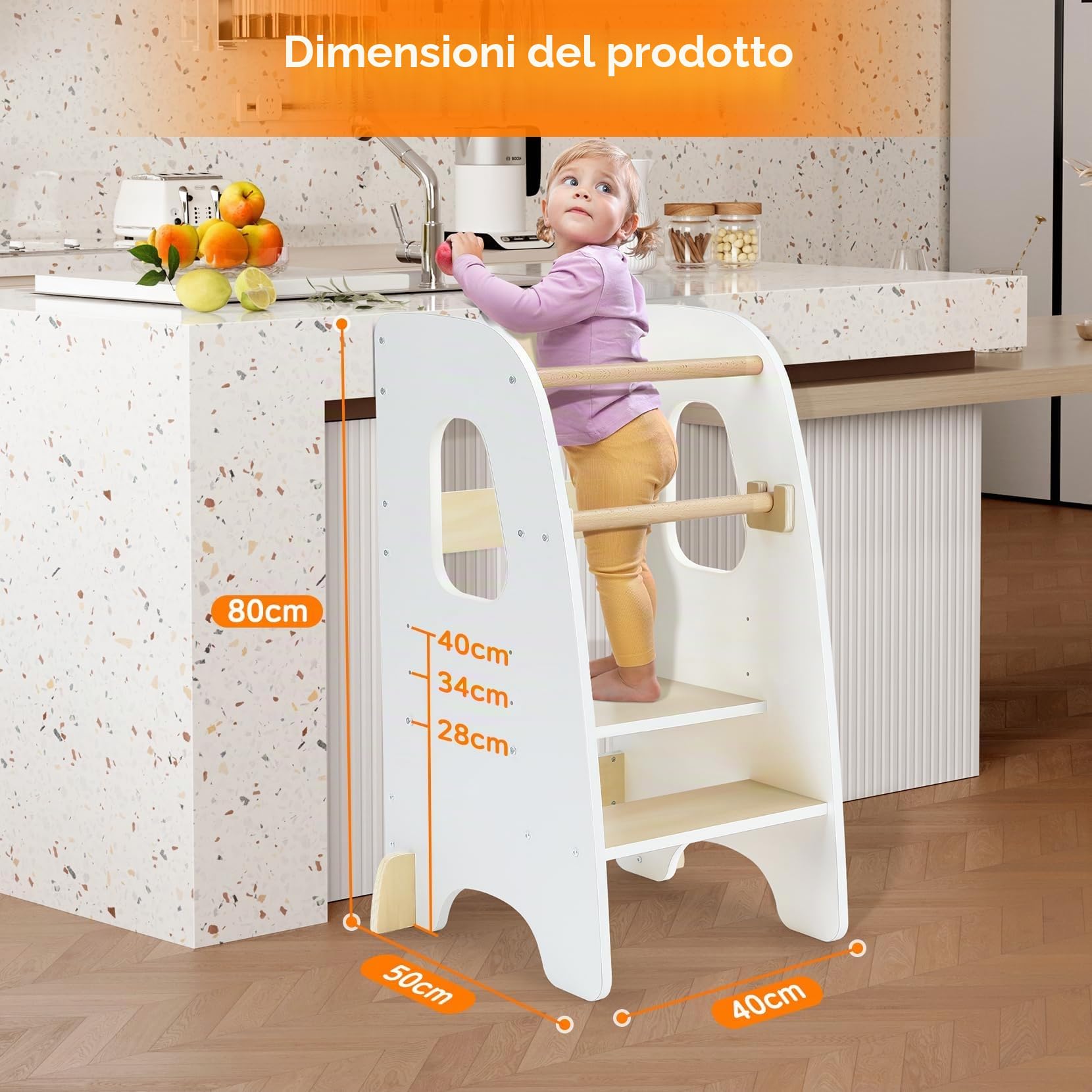 Torre Montessoriana Learning Tower Sicura Altezze Regolabili Doppia Barra Protezione Antiscivolo Anti-Ribaltamento Bianco