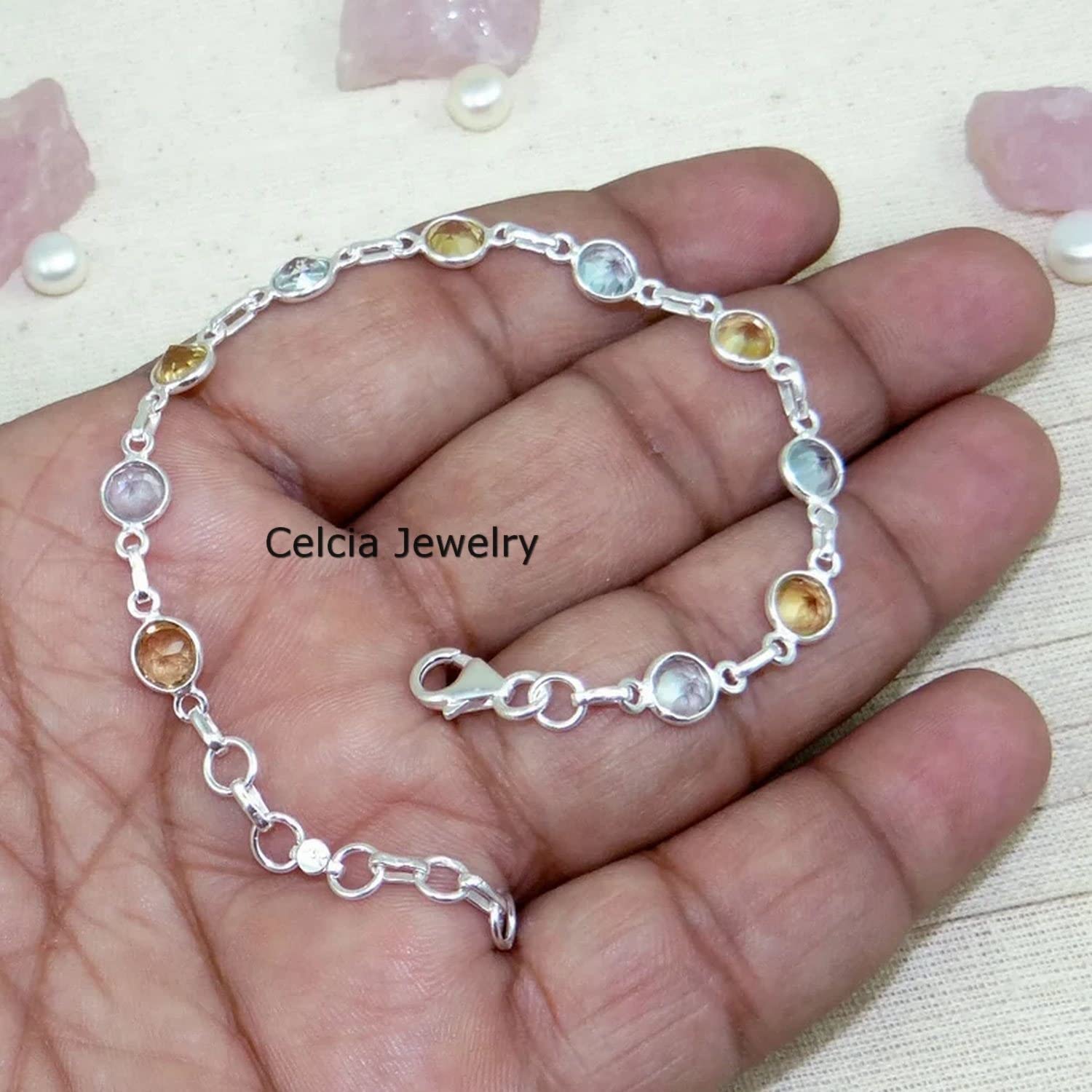 Pulsera de plata de ley 925 maciza para hombres y mujeres, topacio azul genuino y citrino, múltiples piedras preciosas, pulsera única hecha a mano para ella