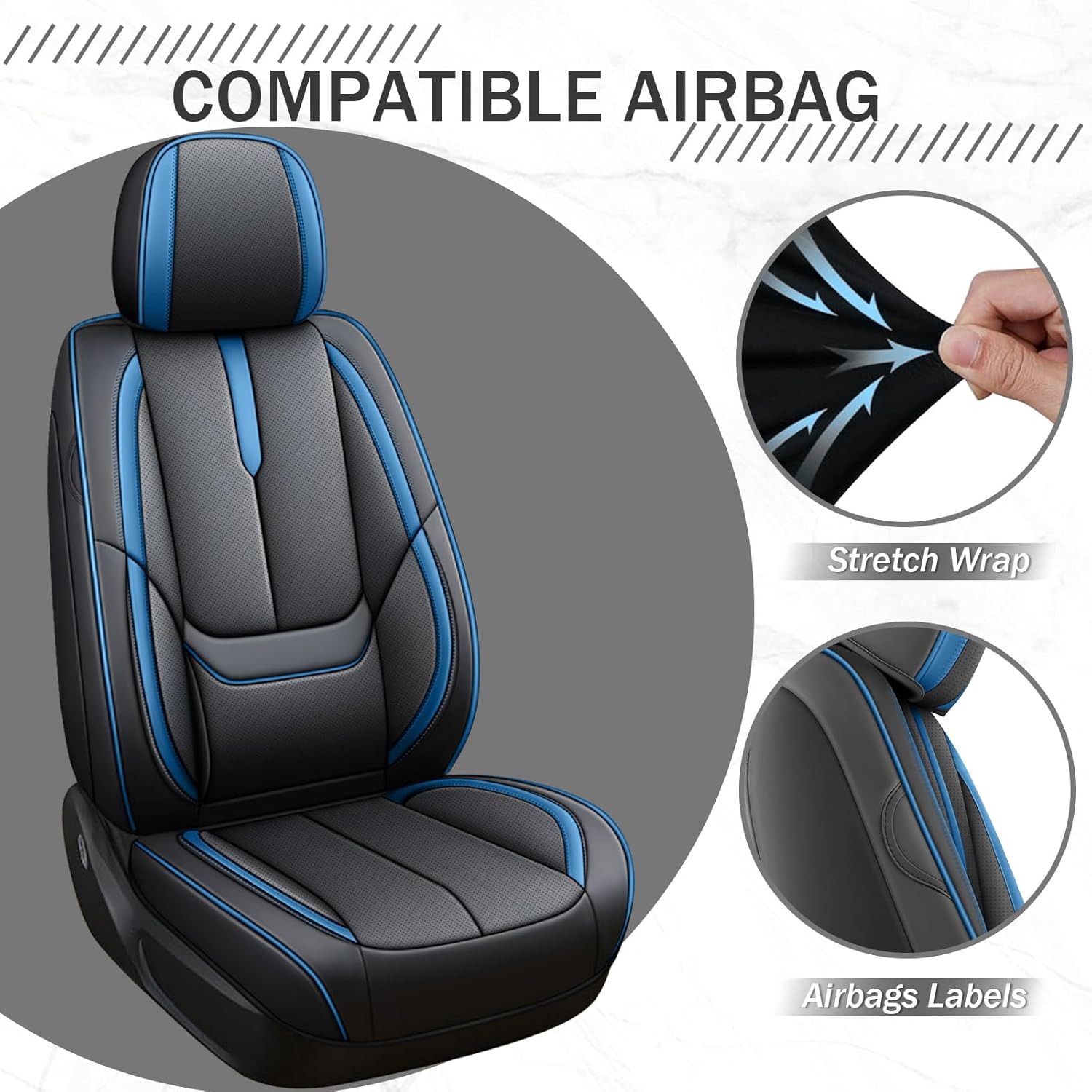 Car Seat Covers Fit for 95% of MINI 2000-2024,Premium Faux Leather Seat Cover | Breathable Waterproof Sports Drive in Style,Easy to Install Seat Covers (Full Set/Black - Blue)