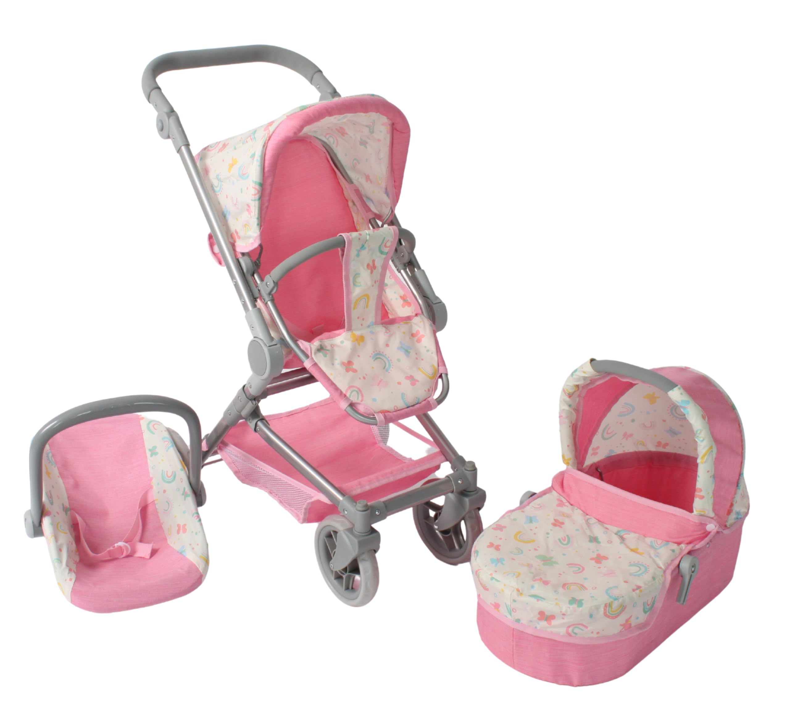 Bayer Chic 2000 - Carrozzina per bambole Fides, set passeggino 3 in 1 composto da navicella, seggiolino sportivo e seggiolino auto, farfalle, rosa