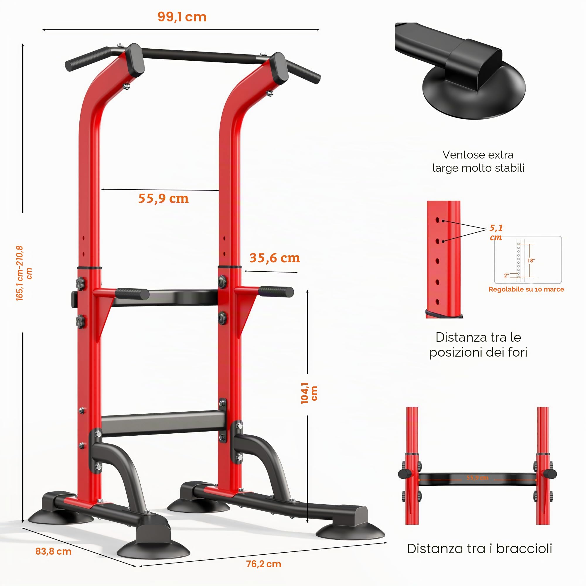 SogesPower Power Tower Dip Station Barra per trazioni per palestra a casa regolabile in altezza attrezzatura per allenamento di forza, rosso