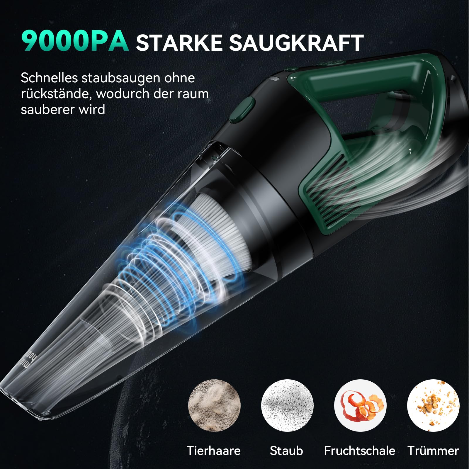 Minthouz Handstaubsauger Akku 9000PA, 120W Autostaubsauger LED-Licht, 30 Min Laufzeit Schnellladung, 2x Wiederwaschbare HEPA-Filter, Leicht zu Reinigen Tragbar für Auto Haushalt Büro | Starke Saugkraft Auto Staubsauger, Multifunktions-Zubehör, Hocheffizie