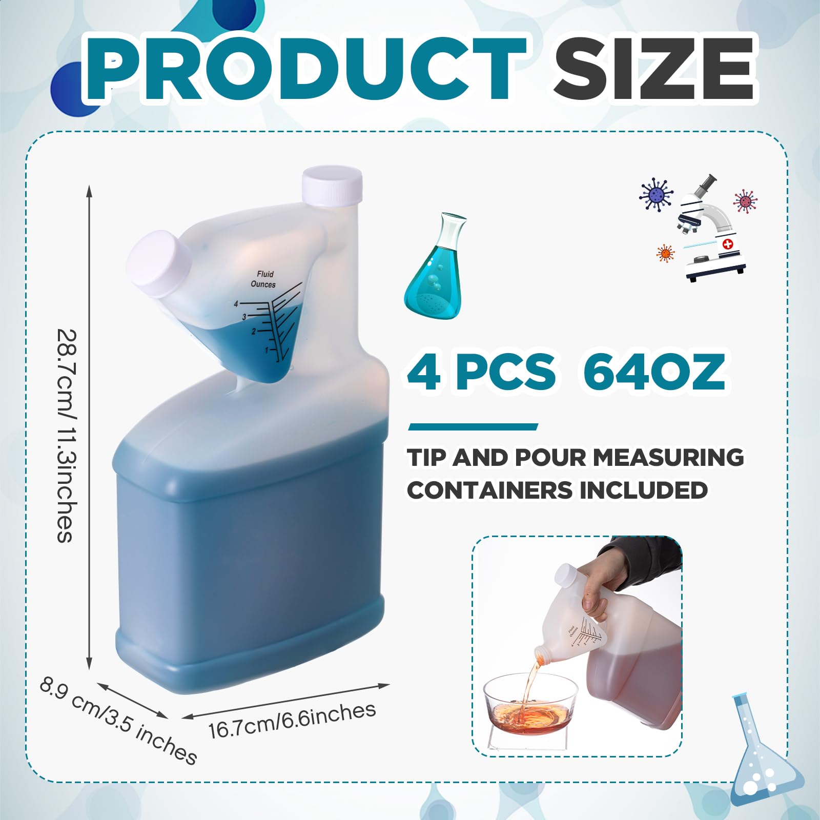 4 recipientes de medición de 1,814.4 g con punta y vertido, botella de medición de plástico, capacidad de medición de hasta 44 onzas