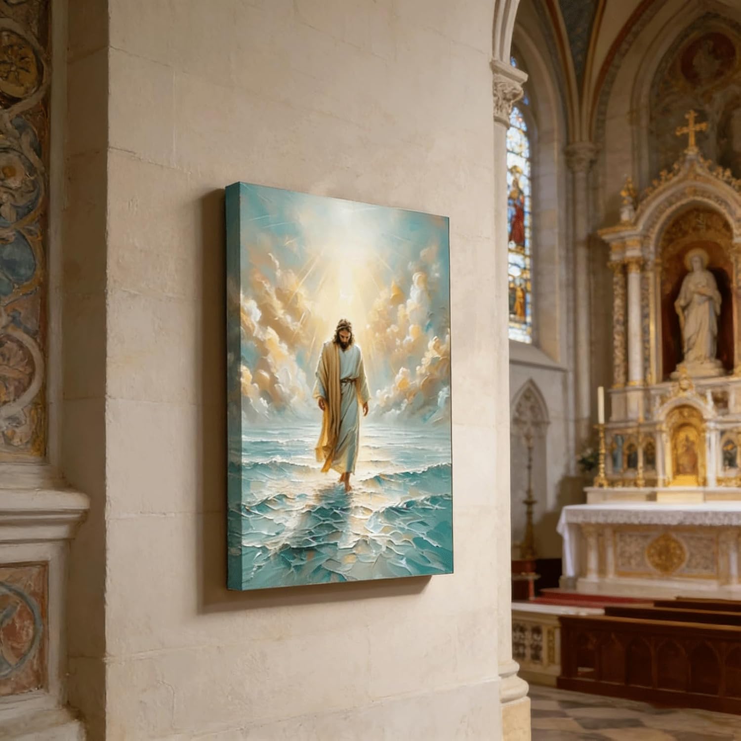 Jesus Walks On Water Canvas Wall Art Christian Bible Stories Wall Decor Picture Divine Light Modern Religious Poster Prints for Living Room Bedroom Church Home Decoration 16x24in Ready To Hang