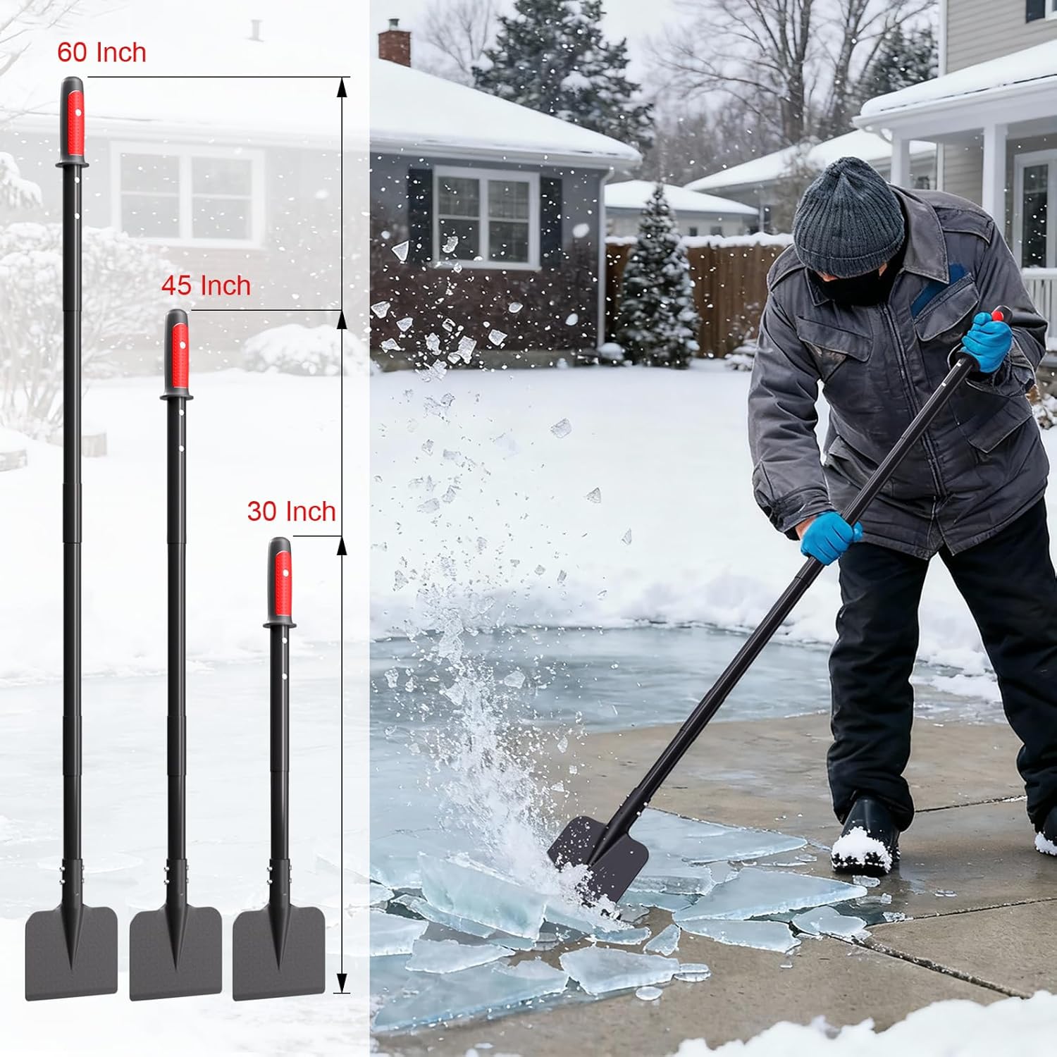 Adjustable 30–60” Heavy-Duty Ice Scraper and Ice Chopper with Shock-Absorbing Grip, Beveled Blade for Driveway, Sidewalk, Patio, Garage, Yard & Outdoor Stairs, Easy Assembly Winter Tool