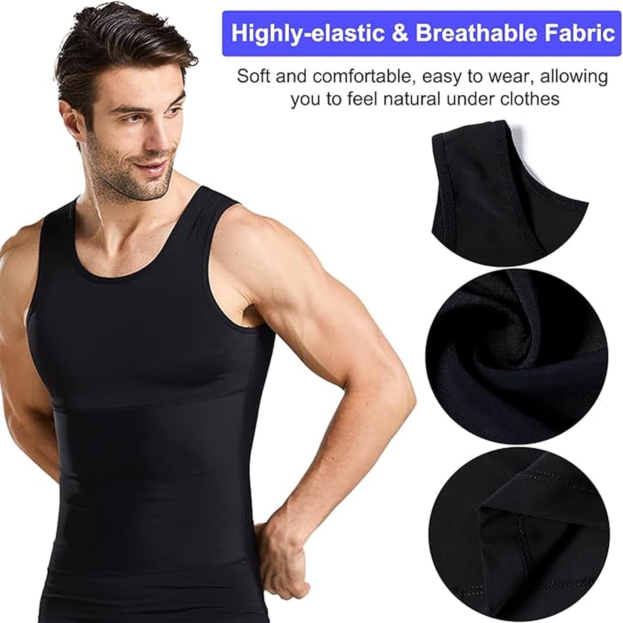 Men’s Sleeveless Compression Shirt Tummy Control Body Shaper Slim Fit Vest for Gym Workout Fitness Weight Loss and Everyday Wear Undershirt Black 1