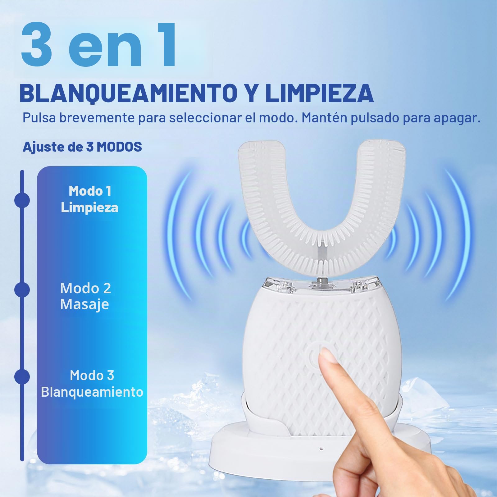 Cepillo de dientes ultrasónico, cepillo de dientes eléctrico ultrasónico automático de 360°, cepillo de dientes eléctrico ultrasónico para adultos con 1 cabezal de cepillo de silicona en forma de U, 3