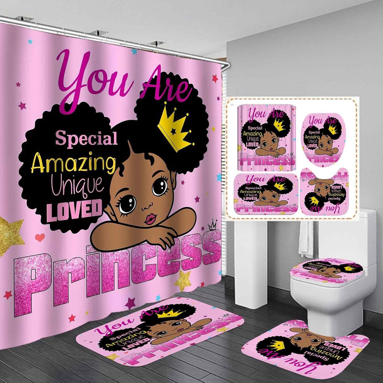 SKAILIÉ 4PCS Black Girl Magic Shower Curtain Set, Cute
