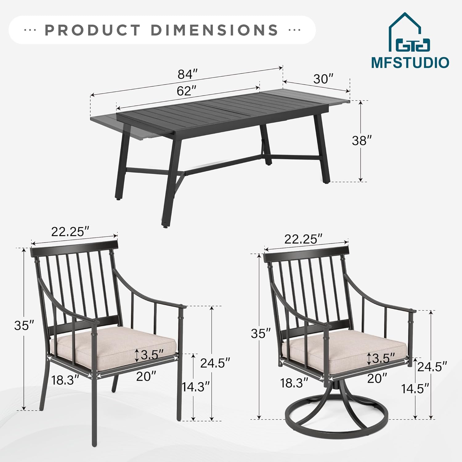 MFSTUDIO 9PCS Outdoor Patio Dining Set, Outdoor Table Chair Set with 1 Large Rectangular Expandable Table, 8 Armrest Chairs with Removable Cushions, Include 6 Fixed and 2 Swivel Chair
