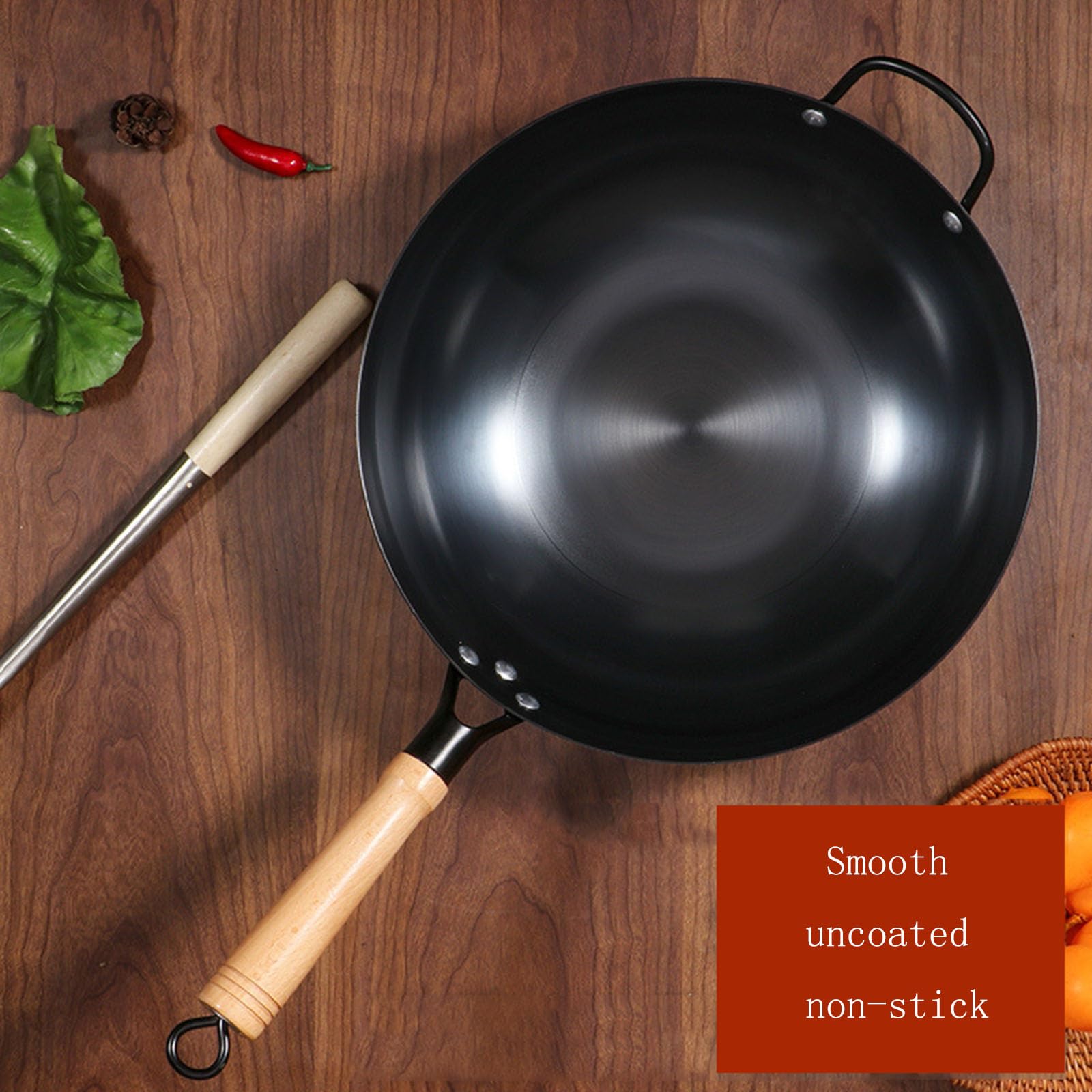 Wok di Ferro, Wok sul Fondo Piatto Non Rivestito E Padelle Fritte Antiaderenti, Pentole Tradizionali da Cucina, Wok di Cucina per Tutte Le Stufe(Size:36CM)